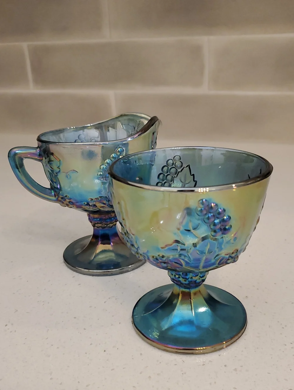 Indiana Carnival Glass Blue Colony Harvest Creamer & Sugar Bowl